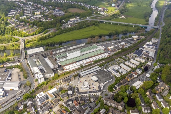 Aerial view, Demag Cranes factory premises, Wetter, Ruhr area, North Rhine-Westphalia, Germany, DE, Europe, commercial enterprises, commercial area, commercial site, commercial use, industrial area, industrial site, aerial photograph, aerial photography, aerial photography, overview, bird's-eye view, birds-eyes view, overview