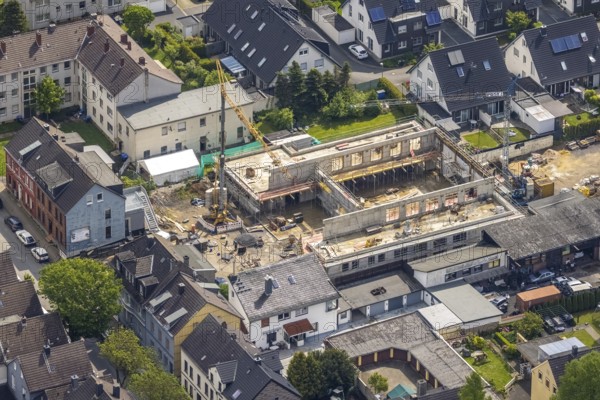 Aerial view, construction site and new building, parish hall Ruhrkirche, Heinrich-Kamp-Straße 8, Wetter, Ruhr area, North Rhine-Westphalia, Germany, construction work, construction area, construction site, building plots, construction project, construction site, DE, Europe, aerial view, aerial photography, aerial photography, new building, overview, bird's-eye view, overview