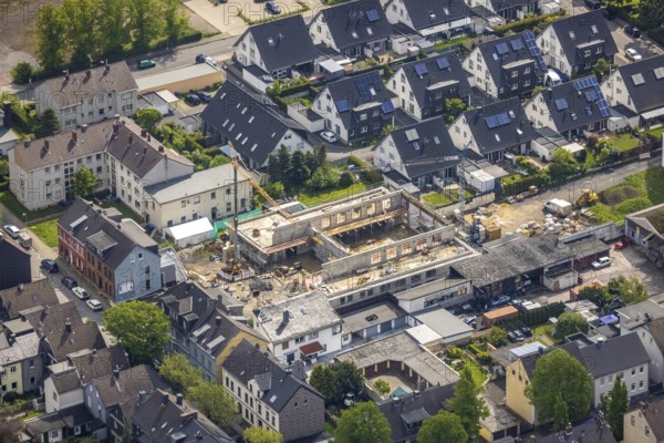 Aerial view, construction site and new building, parish hall Ruhrkirche, Heinrich-Kamp-Straße 8, Wetter, Ruhr area, North Rhine-Westphalia, Germany, construction work, construction area, construction site, building plots, construction project, construction site, DE, Europe, aerial view, aerial photography, aerial photography, new building, overview, bird's-eye view, overview
