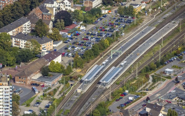 Aerial view, Wesel railway station in Wesel, Lower Rhine, North Rhine-Westphalia, Germany, railway station, platform, DE, Deutsche Bahn AG, Europe, central station, main station, aerial view, aerial photography, aerial photography, overview, bird's eye view, Wesel, birds-eyes view, overview