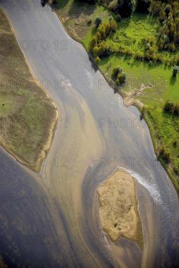 Aerial photograph, renaturalisation of the Lippe estuary in the nature reserve and Büdericher Insel in Wesel, Lower Rhine, North Rhine-Westphalia, Germany, Büdericher Insel, DE, Europe, Lippe floodplain, Lippeverband, aerial photograph, aerial photography, aerial photography, NSG, nature reserve Lippemündung, overview, bird's eye view, Wesel, birds-eyes view, overview, renaturalised river