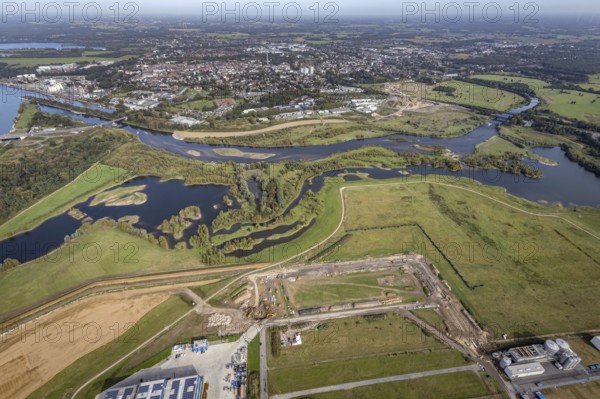 Aerial view, renaturalisation of the Lippe estuary between Lippeschlösschen and Rhine bridge and Rhine river as well as Rhine-Lippe harbour and construction site of the southern bypass in Wesel, Lower Rhine, North Rhine-Westphalia, Germany, construction work, construction area, construction site, building plots, construction project, construction site, DE, Europe, Lippe floodplain, Lippeverband, aerial view, aerial photography, aerial photography, new construction, overview, redesign of the Lippe estuary, bird's eye view, Wesel, birds-eyes view, overview
