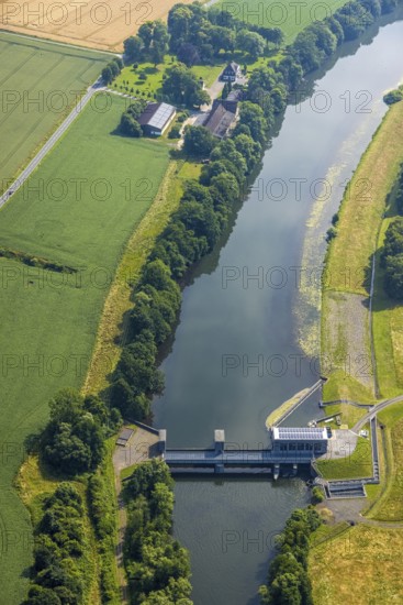 Aerial view, Wasserwerke Westfalen GmbH, river Ruhr with hydropower plant Echthausen, Echthausen, Wickede, Sauerland, North Rhine-Westphalia, Germany, DE, Europe, Im Ruhrfeld, aerial view, aerial photography, aerial photography, overview, bird's-eye view, hydropower plant, birds-eyes view, overview