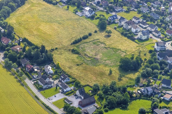 Aerial view, Echthausen, Wickede, Sauerland, North Rhine-Westphalia, Germany, building plots, building land, building project, DE, Europe, property tax, real estate, aerial view, aerial photography, aerial photography, new development area, overview, bird's-eye view, housing estate, living and living, residential area, residential buildings, residential quality, housing estate, birds-eyes view, overview