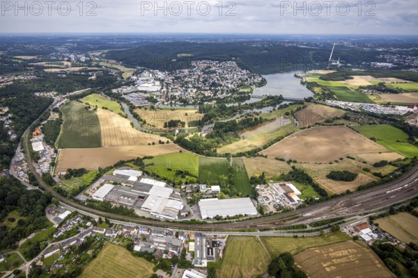 Aerial view, Wetter/Ruhr, a week ago the Ruhr was still flooded at this point, course of the Ruhr, Vorhalle, Hagen, Ruhr area, North Rhine-Westphalia, Germany, DE, Europe, birds-eyes view, aerial view, aerial photography, aerial photography, overview, bird's eye view, in front of and after