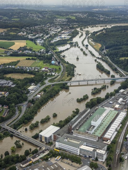 Aerial photo, Ruhr floods, flooding, weather, Ruhr area, North Rhine-Westphalia, Germany, DE, Europe, birds-eyes view, aerial photo, aerial photography, aerial photography, overview, bird's-eye view, Ruhr floods, heavy rain, century floods