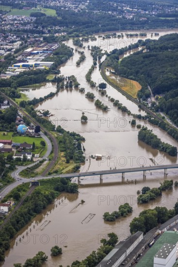 Aerial photo, Ruhr floods, flooding, weather, Ruhr area, North Rhine-Westphalia, Germany, DE, Europe, birds-eyes view, aerial photo, aerial photography, aerial photography, overview, bird's-eye view, Ruhr floods, heavy rain, century floods