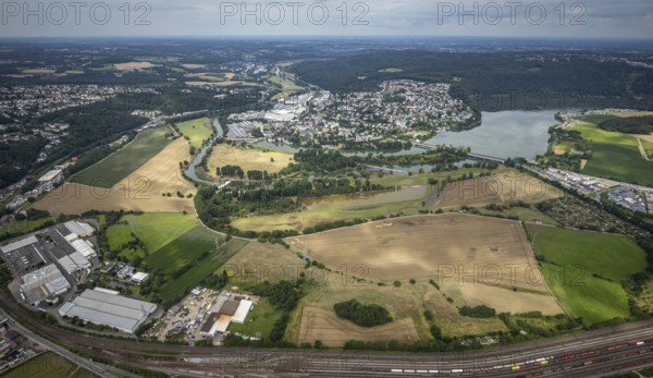 Aerial view, Wetter/Ruhr, a week ago there was still land under water here - the Ruhr was flooding, course of the Ruhr, Vorhalle, Hagen, Ruhr area, North Rhine-Westphalia, Germany, DE, Europe, birds-eyes view, aerial view, aerial photography, aerial photography, overview, bird's eye view