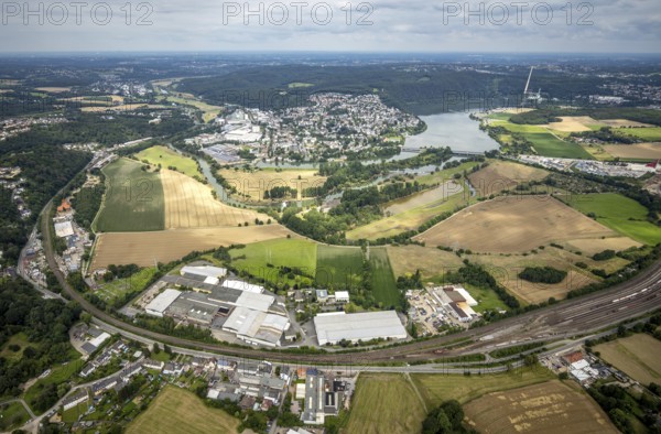 Aerial view, Wetter/Ruhr, a week ago there was still land under water here - the Ruhr was flooding, course of the Ruhr, Vorhalle, Hagen, Ruhr area, North Rhine-Westphalia, Germany, DE, Europe, birds-eyes view, aerial view, aerial photography, aerial photography, overview, bird's eye view