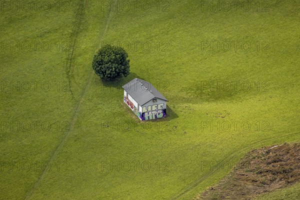 Aerial view, house on a pasture in the Ruhr valley of Wetter, a week ago there was still land under water at this point - the Ruhr was flooding, course of the Ruhr, Wetter, Ruhr area, North Rhine-Westphalia, Germany, DE, Europe, birds-eyes view, aerial view, aerial photography, aerial photography, overview, overview, bird's eye view, in front of and after