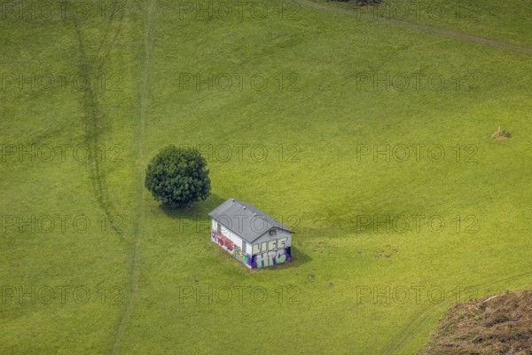 Aerial view, house on a pasture in the Ruhr valley of Wetter, a week ago there was still land under water at this point - the Ruhr was flooding, course of the Ruhr, Wetter, Ruhr area, North Rhine-Westphalia, Germany, DE, Europe, birds-eyes view, aerial view, aerial photography, aerial photography, overview, overview, bird's eye view