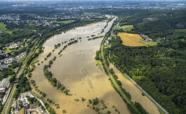 Aerial photo, Ruhr floods, flooding, weather, Ruhr area, North Rhine-Westphalia, Germany, Witten, DE, Europe, birds-eyes view, aerial photography, aerial photography, overview, bird's eye view, Ruhr floods, heavy rain, flood of the century