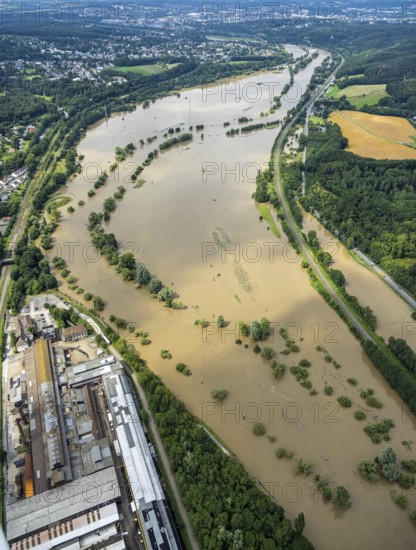 Aerial photo, Ruhr floods, flooding, weather, Ruhr area, North Rhine-Westphalia, Germany, Witten, DE, Europe, birds-eyes view, aerial photography, aerial photography, overview, bird's eye view, Ruhr floods, heavy rain, flood of the century