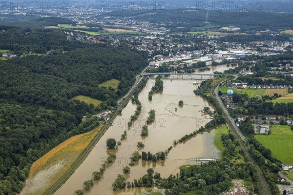 Aerial photo, Ruhr floods, flooding, weather, Ruhr area, North Rhine-Westphalia, Germany, DE, Europe, birds-eyes view, aerial photo, aerial photography, aerial photography, overview, bird's-eye view, Ruhr floods, heavy rain, century floods