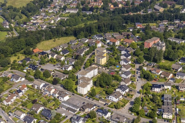 Aerial view, housing estate with high-rise buildings on Antoniusstraße and Eichenstraße in Wickede, Sauerland, North Rhine-Westphalia, Germany, DE, Europe, property tax, high-rise, high-rise buildings, real estate, aerial view, aerial photography, aerial photography, apartment buildings, apartment blocks, overview, bird's-eye view, Wickede, housing estate, housing and living, residential area, residential buildings, housing quality, housing estate, birds-eyes view, overview
