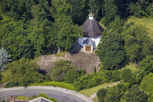 Aerial view, mountain chapel in Wickede, Sauerland, North Rhine-Westphalia, Germany, place of worship, DE, Europe, sacred site, chapel, chapel road, aerial view, aerial photography, aerial photography, religious site, overview, bird's-eye view, Wickede, birds-eyes view, overview