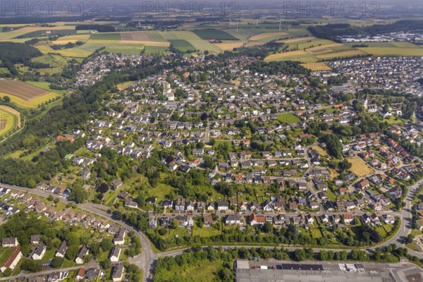 Aerial view, local view and high-rise buildings on Antoniusstraße and Eichenstraße in Wickede, Sauerland, North Rhine-Westphalia, Germany, DE, Europe, property tax, high-rise building, high-rise buildings, real estate, aerial view, aerial photography, aerial photography, apartment buildings, apartment blocks, overview, bird's-eye view, Wickede, residential area, housing and living, residential area, residential buildings, quality of living, housing estate, birds-eyes view, overview