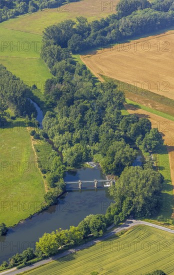 Aerial view, meadows and fields at the river Ruhr and Obergraben Am power plant, Wickede, Sauerland, North Rhine-Westphalia, Germany, DE, Europe, aerial view, aerial photography, aerial photography, overview, riverside forestation, bird's-eye view, overview