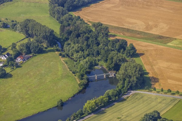 Aerial view, meadows and fields at the river Ruhr and Obergraben Am power plant, Wickede, Sauerland, North Rhine-Westphalia, Germany, DE, Europe, aerial view, aerial photography, aerial photography, overview, riverside forestation, bird's-eye view, overview