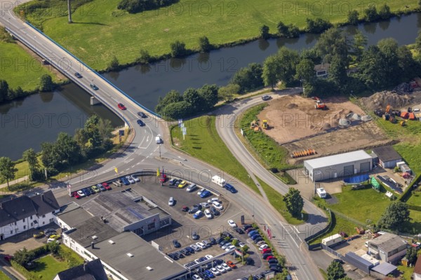 Aerial view, Ruhr bridge federal road 63 over the river Ruhr, construction site on the banks of the Ruhr, Wickede, Sauerland, North Rhine-Westphalia, Germany, construction area, construction site, building plots, construction site, bridge, DE, Europe, aerial view, aerial photography, aerial photography, Ruhr bridge, road traffic, overview, traffic volume, bird's eye view, birds-eyes view, overview
