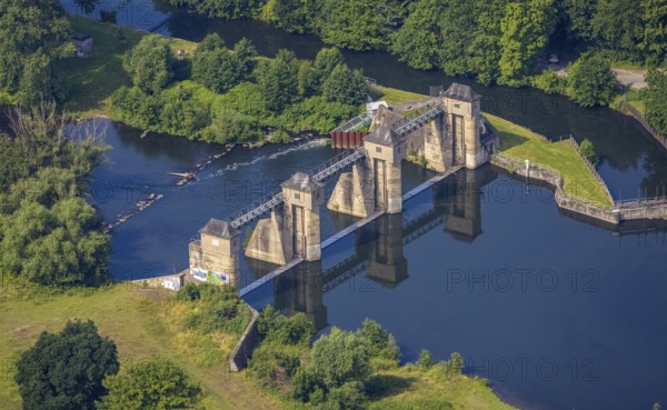 Aerial view, hydroelectric power station on the Ruhr river, Echthausen, Wickede, Sauerland, North Rhine-Westphalia, Germany, DE, Europe, power station, aerial view, aerial photography, aerial photography, overview, bird's-eye view, overview