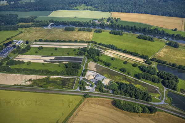 Aerial view, Wasserwerke Westfalen GmbH, river Ruhr with hydropower plant Echthausen, Echthausen, Wickede, Sauerland, North Rhine-Westphalia, Germany, DE, Europe, Im Ruhrfeld, aerial view, aerial photography, aerial photography, overview, bird's-eye view, hydropower plant, birds-eyes view, overview