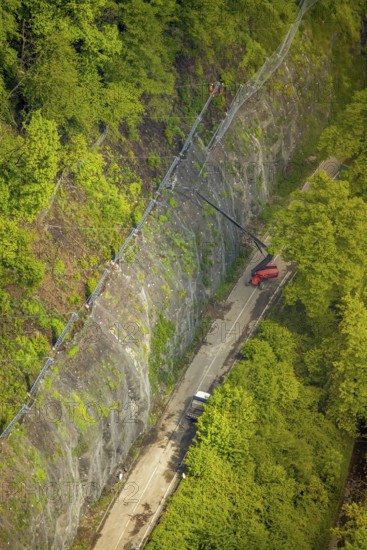 Aerial photo, rock protection fences and construction work on the closed cycling and hiking trail at Lake Harkort, Wetter, Ruhr area, North Rhine-Westphalia, Germany, DE, Europe, safety nets, rock protection fences, aerial photo, aerial photography, aerial photography, rock nets, overview, bird's-eye view, overview