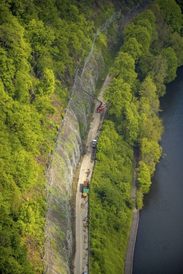 Aerial photo, rock protection fences and construction work on the closed cycling and hiking trail at Lake Harkort, Wetter, Ruhr area, North Rhine-Westphalia, Germany, DE, Europe, safety nets, rock protection fences, aerial photo, aerial photography, aerial photography, rock nets, overview, bird's-eye view, overview