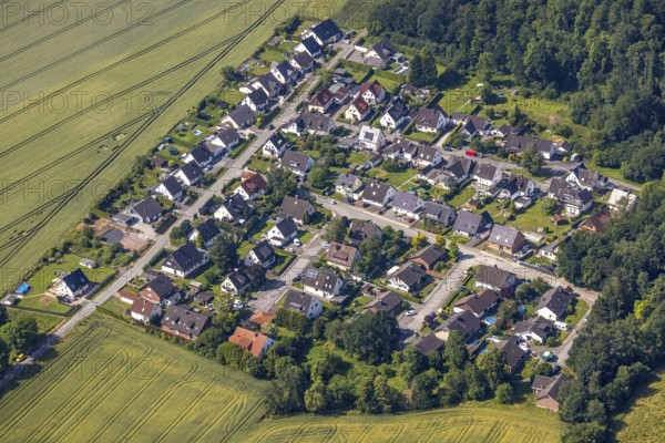 Aerial view, housing estate and local view Nachtigall, Wickede, Sauerland, North Rhine-Westphalia, Germany, DE, Europe, property tax, real estate, aerial view, aerial photography, aerial photography, overview, bird's-eye view, housing estate, living and living, residential area, residential buildings, quality of living, housing estate, birds-eyes view, overview