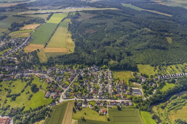 Aerial view, forest area Wetterberg Westerheide and town view Echthausen, Wickede, Sauerland, North Rhine-Westphalia, Germany, DE, Europe, aerial view, aerial photography, aerial photography, town view, town area, overview, bird's-eye view, overview