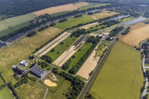 Aerial view, Wasserwerke Westfalen GmbH, river Ruhr with hydropower plant Echthausen, Echthausen, Wickede, Sauerland, North Rhine-Westphalia, Germany, DE, Europe, Im Ruhrfeld, aerial view, aerial photography, aerial photography, overview, bird's-eye view, hydropower plant, birds-eyes view, overview