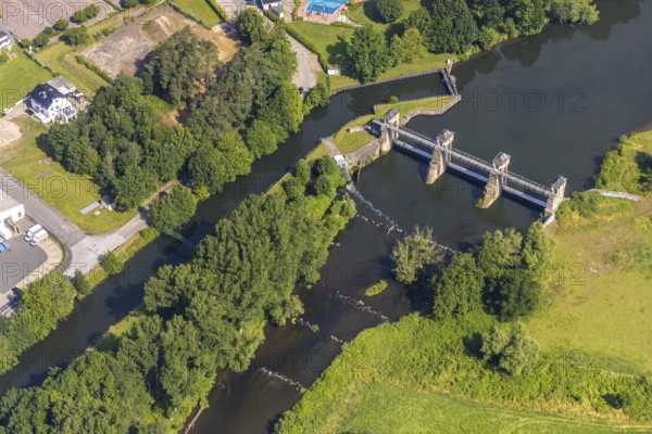 Aerial view, hydroelectric power station on the Ruhr river, Echthausen, Wickede, Sauerland, North Rhine-Westphalia, Germany, DE, Europe, power station, aerial view, aerial photography, aerial photography, overview, bird's-eye view, overview