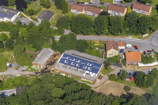 Aerial view, indoor riding arena riding club Birkenbaum with solar roof, Wickede, Sauerland, North Rhine-Westphalia, Germany, DE, Europe, aerial view, aerial photography, aerial photography, equestrian sports, photovoltaic, photovoltaic system, riding facility, riding stable, riding club, riding stable, solar, solar system, solar roof, solar energy, solar energy, overview, bird's-eye view, birds-eyes view, overview