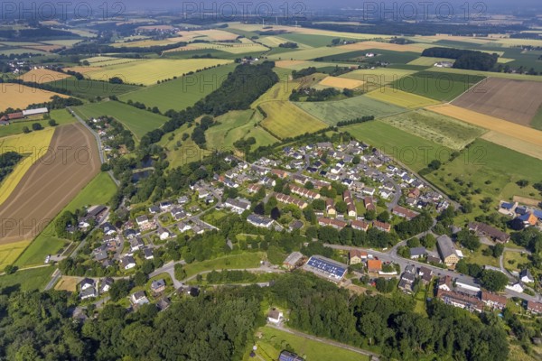 Aerial view, view of Wiehagen with meadows and fields, riding arena riding club Birkenbaum with solar roof, Wickede, Sauerland, North Rhine-Westphalia, Germany, DE, Europe, distant view, aerial view, aerial photography, aerial photography, overview, bird's-eye view, meadows and fields, birds-eyes view, overview