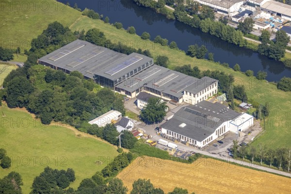 Aerial view, company premises Bongard Machines GmbH and Voß & Eiffert GmbH wire processing, Wimbern, Wickede, Sauerland, North Rhine-Westphalia, Germany, DE, Europe, commercial enterprises, commercial area, commercial park, commercial location, commercial use, industrial area, industrial building, industrial location, aerial photograph, aerial photography, aerial photography, overview, bird's-eye view, bird's-eye view, overview