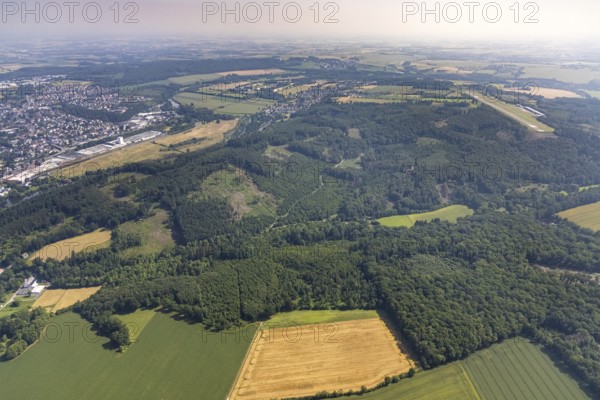 Aerial view, forest damage, forest damage at Mühlenbach, Wimbern, Wickede, Sauerland, North Rhine-Westphalia, Germany, tree death, bark beetle plague, DE, Europe, clear-cutting, aerial photography, aerial photography, aerial photography, overview, bird's-eye view, forest, forest area, forest damage, forest dieback, birds-eyes view, overview