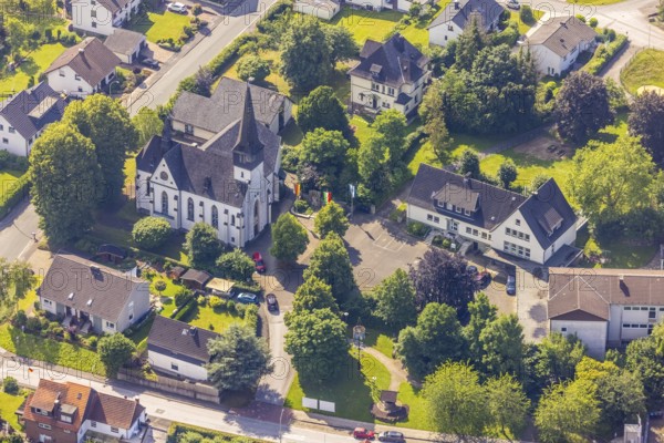 Aerial view, catholic church St. Vinzenz, Echthausen, Wickede, Sauerland, North Rhine-Westphalia, Germany, place of worship, DE, Europe, religious community, place of worship, holy place, church, parish, denomination, aerial view, aerial photography, aerial photography, religion, religious site, overview, bird's-eye view, overview