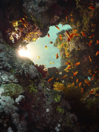 Red Sea, underwater, scuba, coral reef, Egypt, Hurghada, clear water, habitat, ecosystem, bannerfish, hole, sun, sunshine