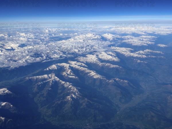 View from an altitude of 11000 metres to Großvenediger 3510 metres in the centre of the picture, the highest mountain in the Zillertal Alps in the Hohe Tauern mountain range of the Eastern Alps, Tyrol, Austria, South Tyrol, Italy