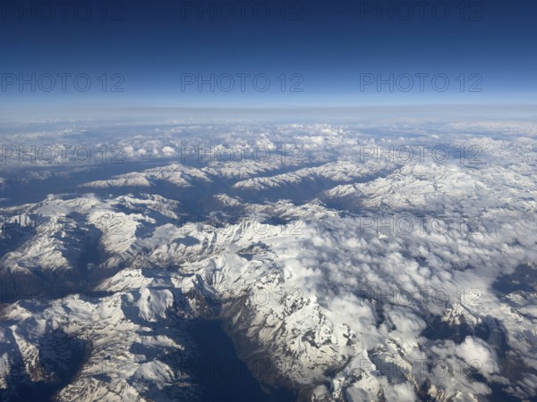 View from an altitude of 11000 metres to the Großglockner massif in the centre of the picture in the Eastern Alps, Tyrol and Carinthia, Austria