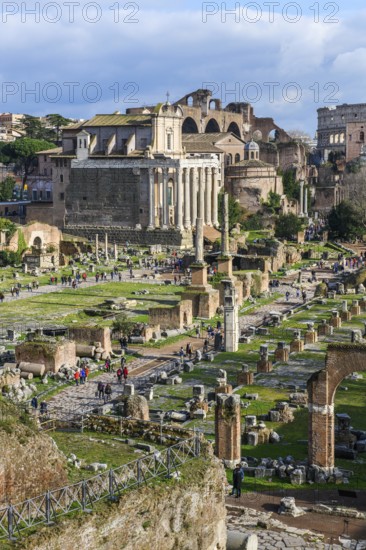 View of the central square of the Roman Forum in the left half of the picture, to the right remains of the columned walls of the Basilica Julia Giulia, in the background the former temple of Antoninus and Faustina with 17 columns made of Cipollin marble from antiquity, since the 11th century part of the Roman Catholic church of San Lorenzo in Miranda, Roman Forum, Rome, Lazio, Italy