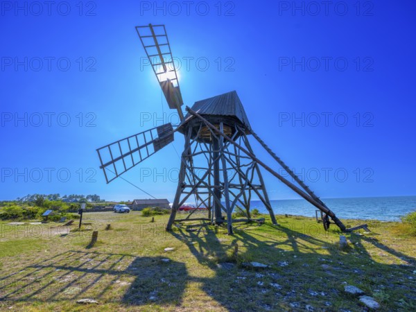 Historic grist mill, grinding mill, backlit, Jordhamn, Öland, Sweden