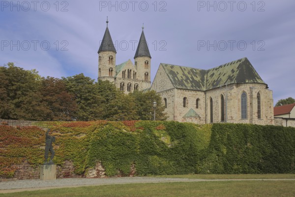 Romanesque church, art museum and Our Lady's Monastery with twin towers, sculpture park with sculpture, Magdeburg, Romanesque Road, Saxony-Anhalt, Germany