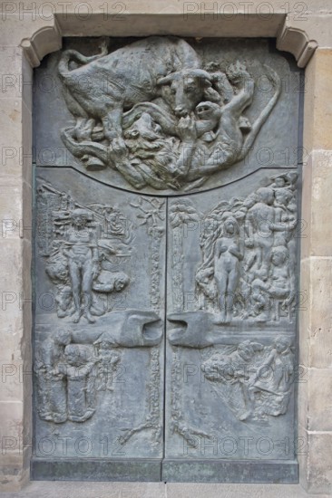 Church door by Waldemar Grzimek 1977, bronze sculptures, decorations, relief, modern art, bull figure, fighting animal figures, naked, male figure, female figure, shepherd, shepherd, art museum, Kloster Unser Lieben Frauen, Magdeburg, Romanesque Road, Saxony-Anhalt, Germany
