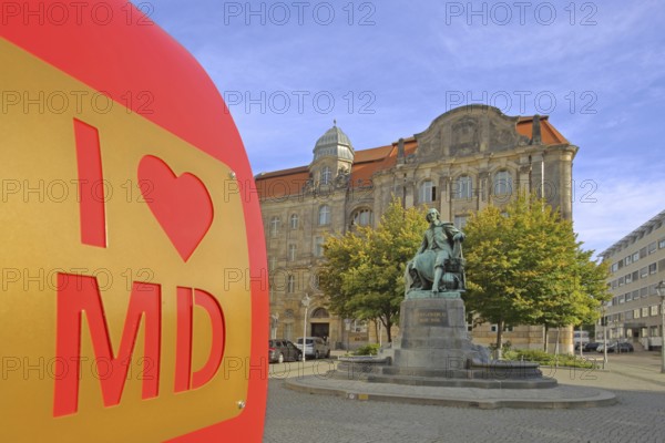 Red heart with I like MD and Otto von Guericke Fountain, monument, sculpture, inscription, heart-shaped, letter, sign, symbol for love, solidarity, love, perspective, abbreviation, letters, New Town Hall, Hauptwache, Magdeburg, Saxony-Anhalt, Germany