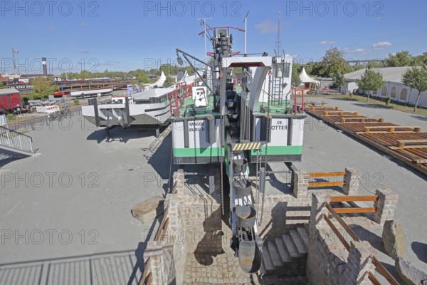 Historic dredging ship 'Otter' with shovels for dredging, open-air museum, machine, view from above, ships, ship museum, museum harbour, commercial harbour, Magdeburg, Saxony-Anhalt, Germany