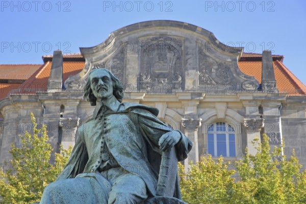 Otto von Guericke Fountain and monument to physicist Otto von Guericke, sculpture, New Town Hall, view from below, Hauptwache, Magdeburg, Saxony-Anhalt, Germany