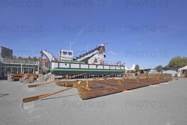 Raft with rudder and historic ship Taucherschacht II built in 1898, wooden construction, open-air museum, ship museum, museum harbour, commercial harbour, Magdeburg, Saxony-Anhalt, Germany