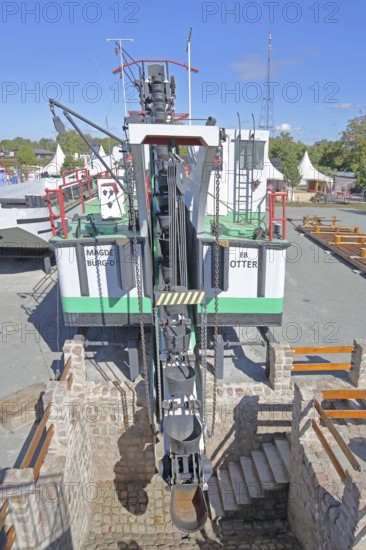 Historic dredging ship 'Otter' with shovels for dredging, open-air museum, machine, view from above, ship museum, museum harbour, commercial harbour, Magdeburg, Saxony-Anhalt, Germany