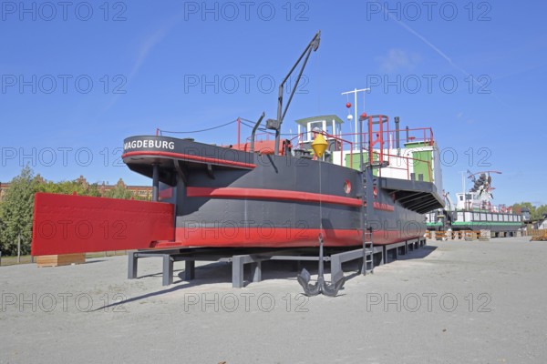 Historic ship Taucherschacht II built in 1898, rudder, stern, open-air museum, ship museum, museum harbour, commercial harbour, Magdeburg, Saxony-Anhalt, Germany